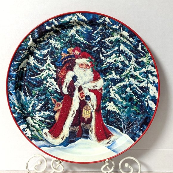Woodland Santa Vintage Round Metal Serving Tray - Picture 1 of 6